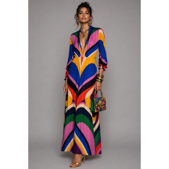 FARM Rio Dresses & Skirts - Farm Rio Graphic Heart Chevron Forest Maxi Dress Medium Long Sleeve Multicolor